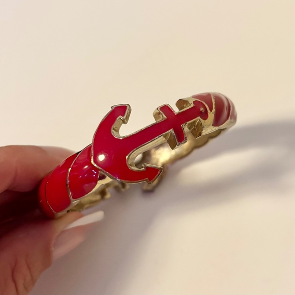 Red Gold Tone Enamel Hinged Anchor Knot Bracelet Cuff Bangle Nautical Jewelry - Picture 1 of 4